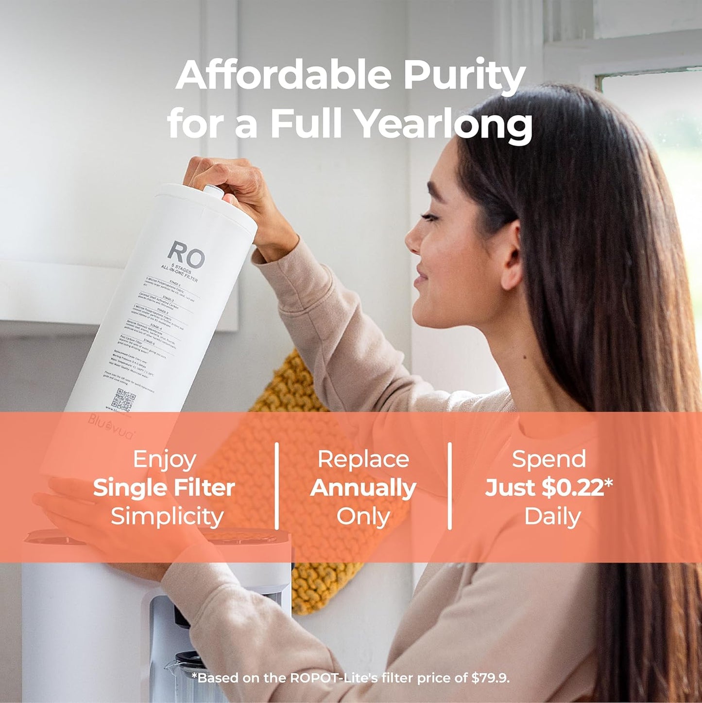 Bluevua RO100ROPOT-LITE Countertop Reverse Osmosis Water Filter System, 5 Stage Purification, 3:1