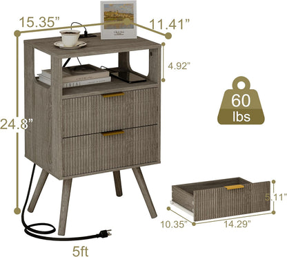 Nightstand with Charging Station and LED Lights,Modern Bedside Table with 2 Storage Drawer and Open