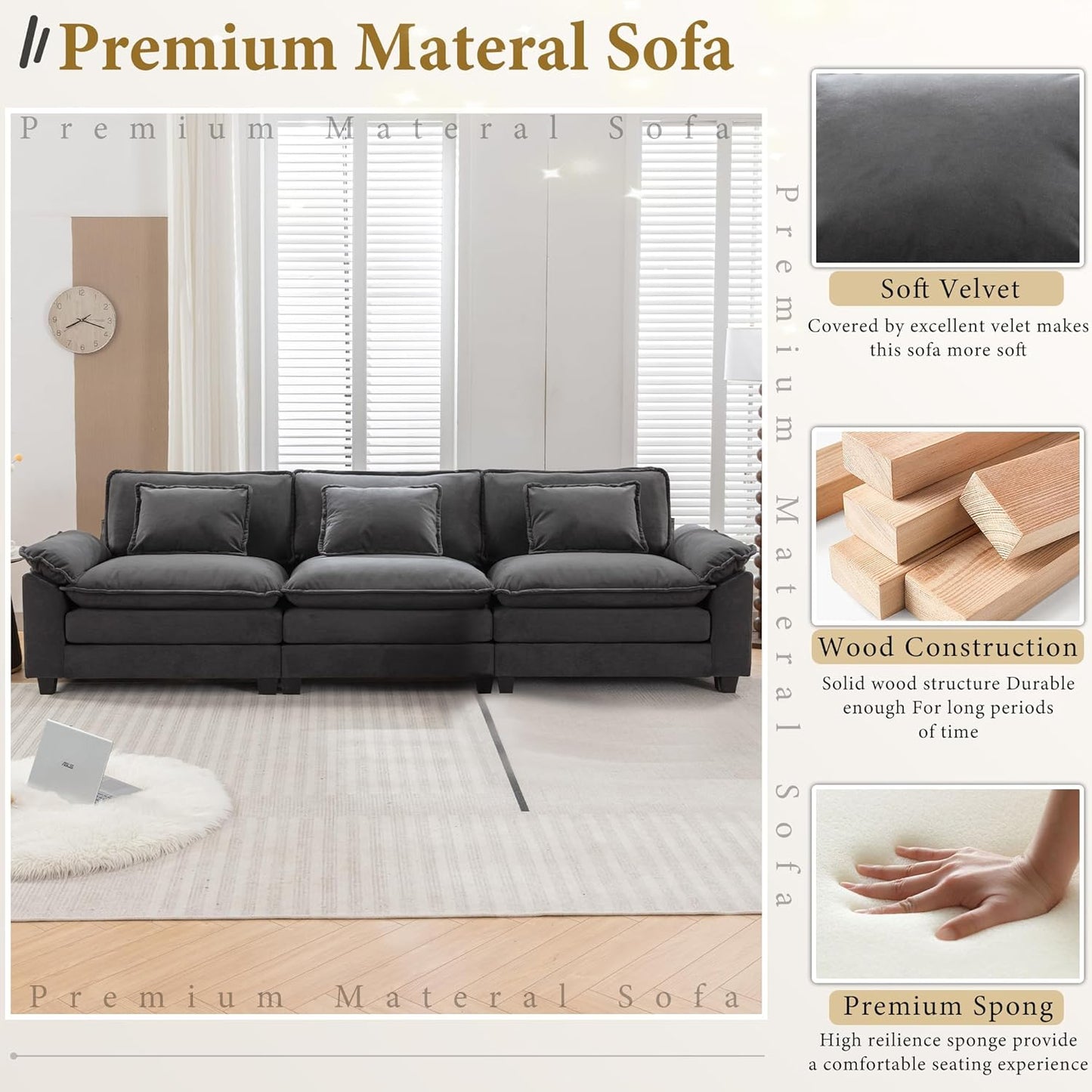 URRED Modular Sectional Sofa Comfy Cloud Couch, Modern Velvet Sofa Sleeper Deep Seat Couches with