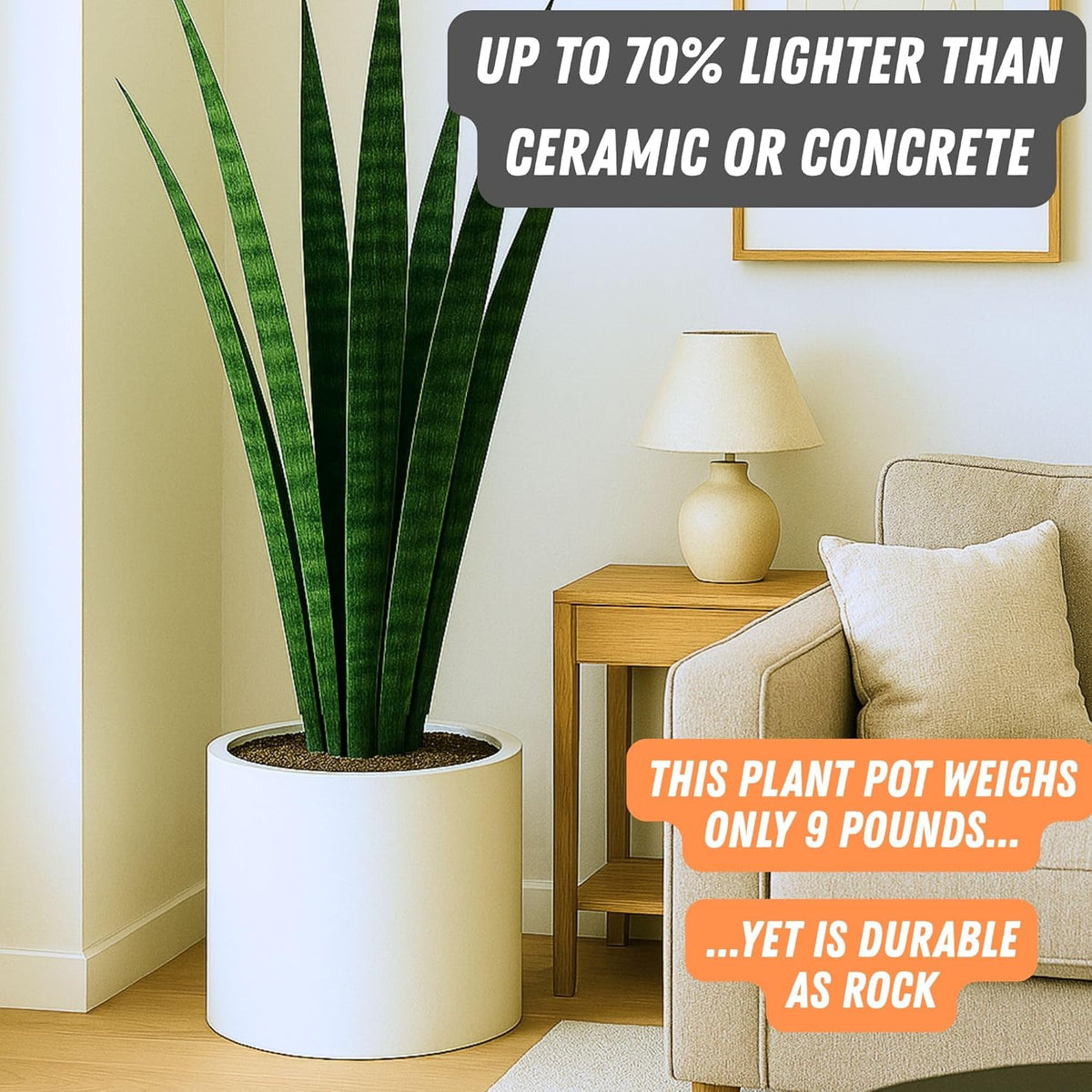 Fox & Fern 14.6 Inch Extra Large Planter — Premium Lightweight Fiberstone Matte White Plant Pot