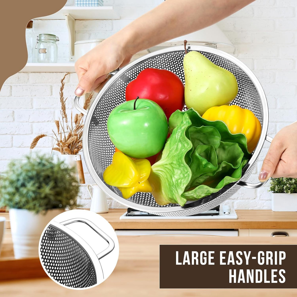 Norme 4 Quart Stainless Steel Silver Colander and 3 Pcs Silver Fine Mesh Strainer, Stainless Steel