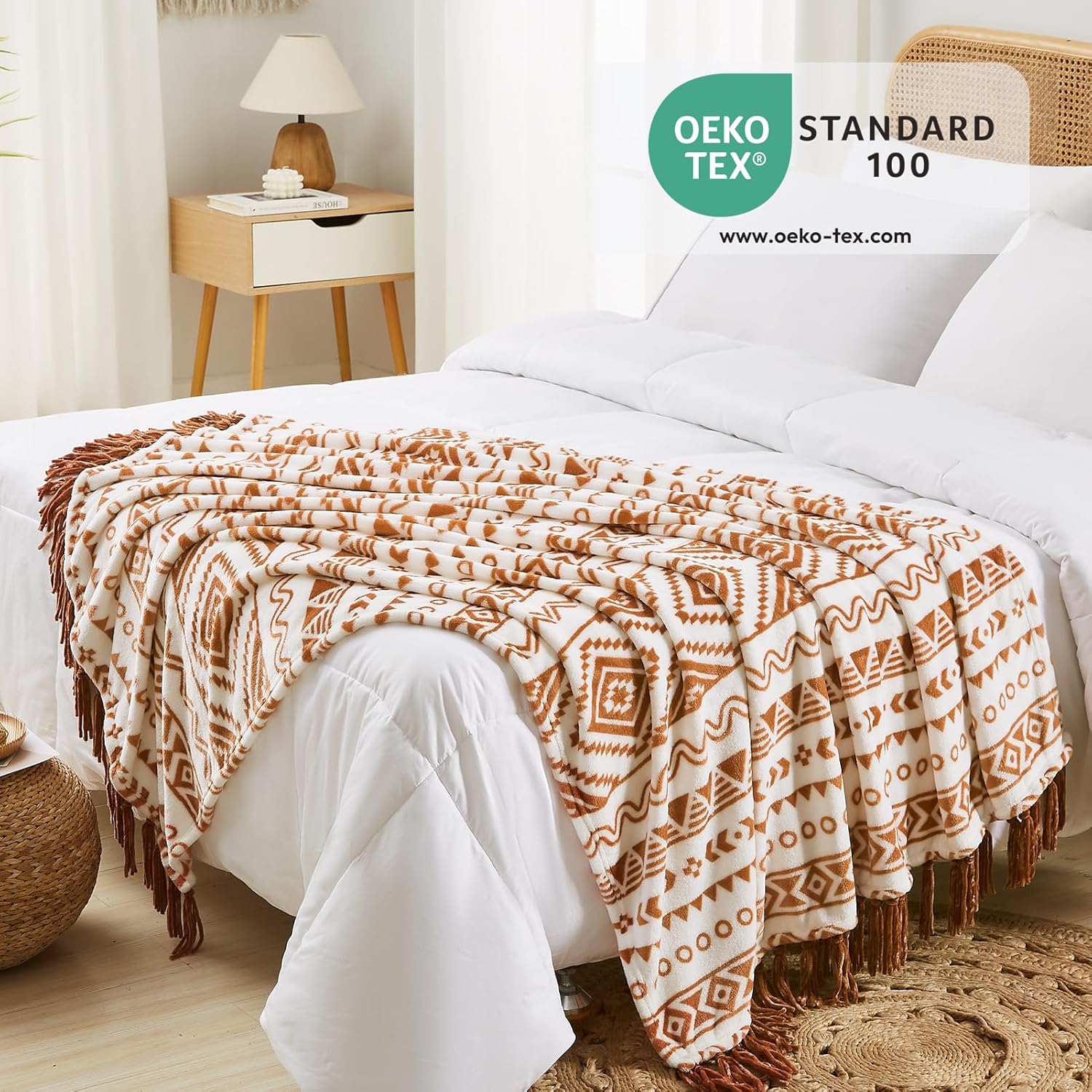 CASAAGUSTO Boho Throw Blanket - Terrcotta Decorative Blankets with Tassel, Printed Flannel Bohemian
