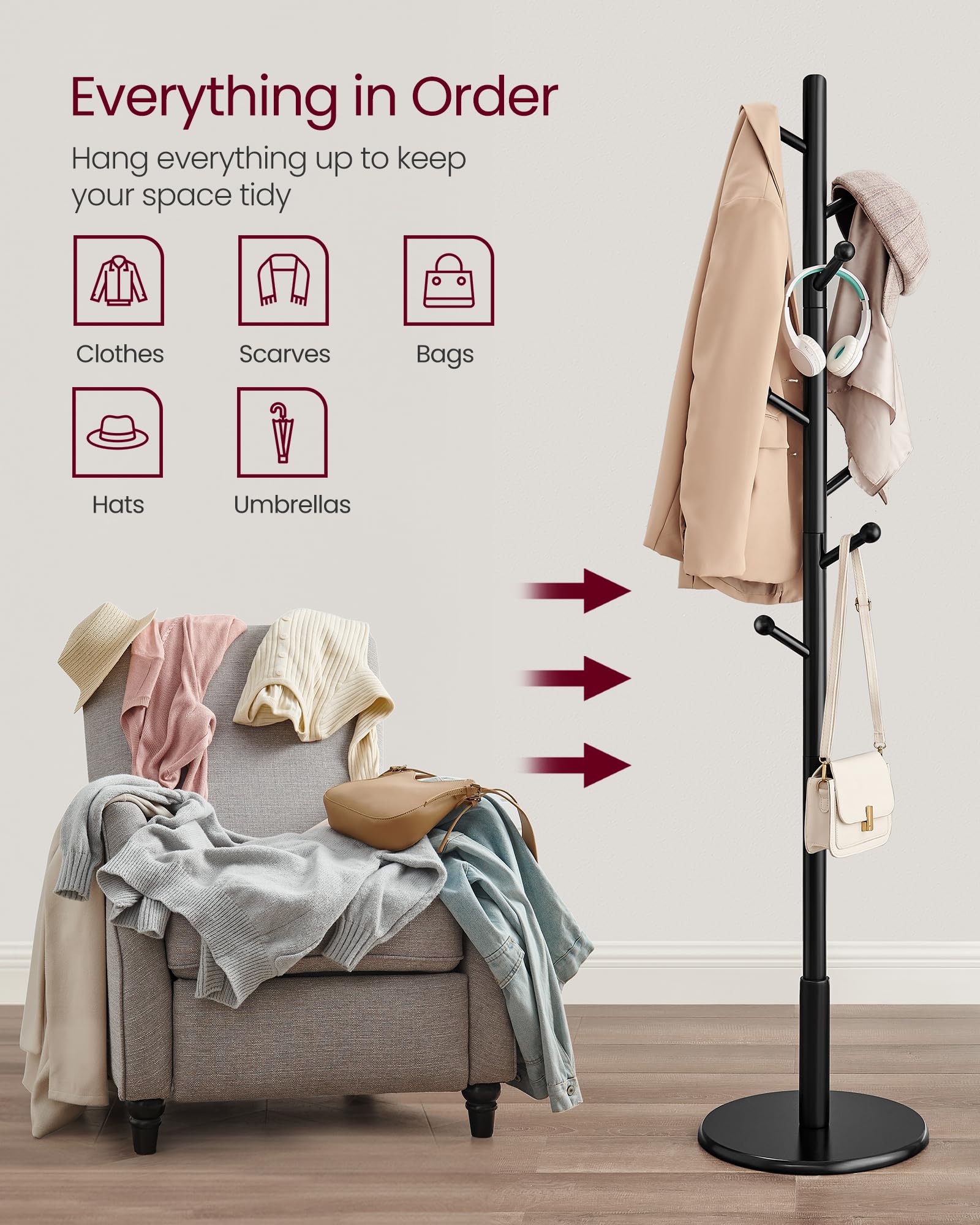 VASAGLE Solid Wood Coat Rack, Free Standing Hall Coat Tree with 8 Hooks, 3 Height Options, for
