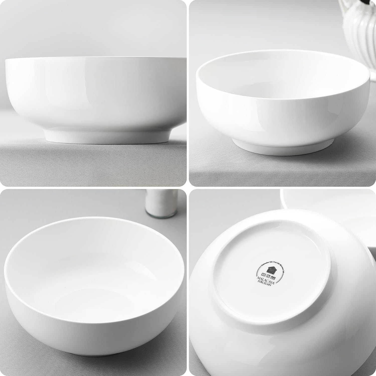 MALACASA Large Serving Bowls - 60 OZ (8") Salad Bowls Set of 2, White Mixing Bowls for Kitchen