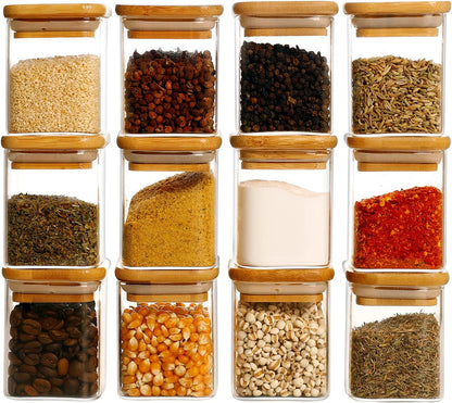 12 Pcs Square Glass Spice Jars with Natural Bamboo Lids - 9oz Airtight Herb Containers with 148
