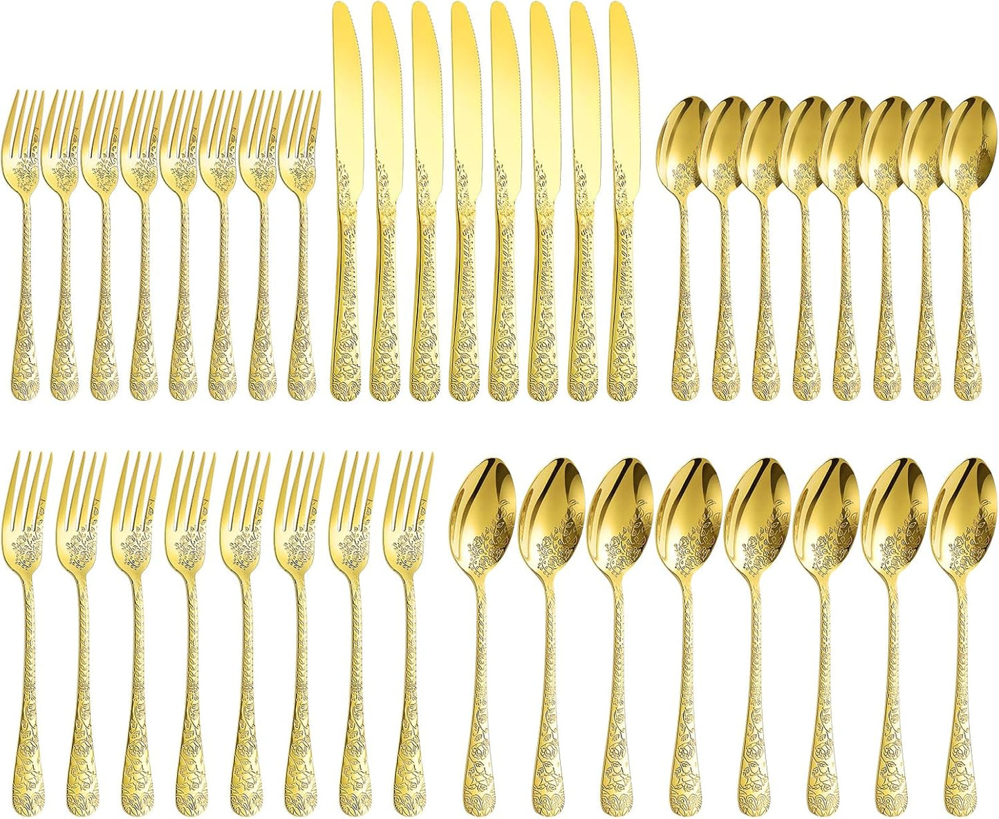 Floral 40 Pcs Gold Silverware Set for 8, Food Grade Stainless Steel Flatware Set with Rose Flower