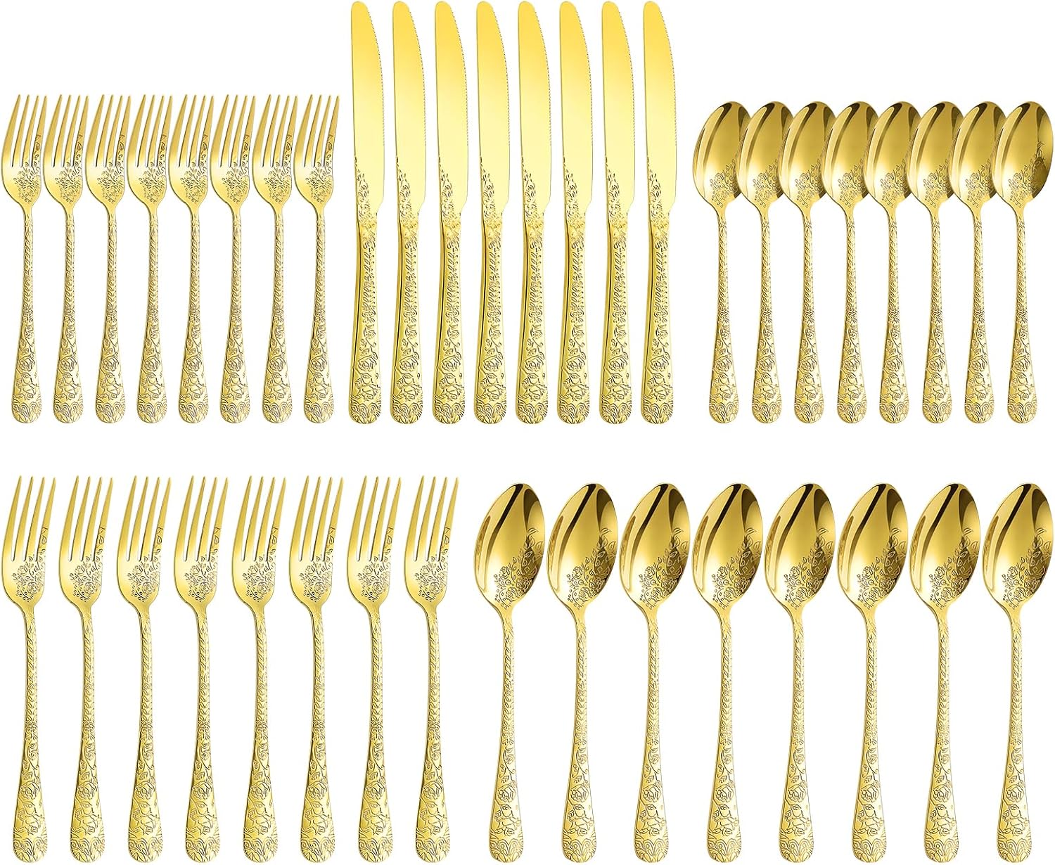 Floral 40 Pcs Gold Silverware Set for 8, Food Grade Stainless Steel Flatware Set with Rose Flower