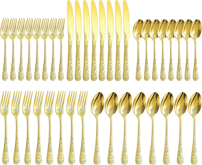 Floral 40 Pcs Gold Silverware Set for 8, Food Grade Stainless Steel Flatware Set with Rose Flower