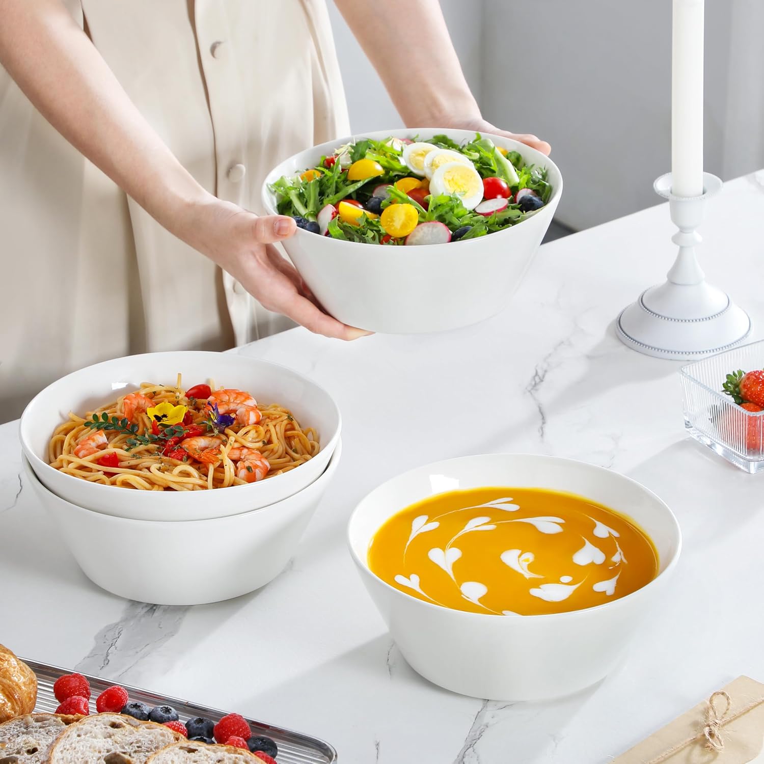 MALACASA Large Salad & Soup Bowls - Set of 4, 60 OZ Porcelain White Bowls for Ramen, Pasta, Pho