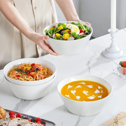 MALACASA Large Salad & Soup Bowls - Set of 4, 60 OZ Porcelain White Bowls for Ramen, Pasta, Pho