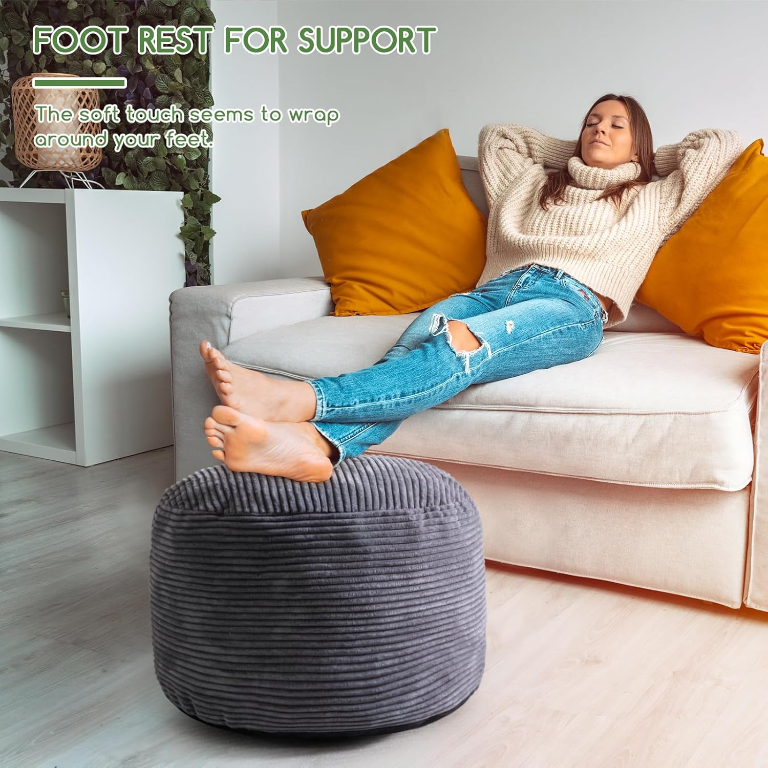 HIGOGOGO Round Stuffed Pouf Ottoman, Corduroy Poufs with Foam Chunk Filling, Furry and Fluffy Pouf