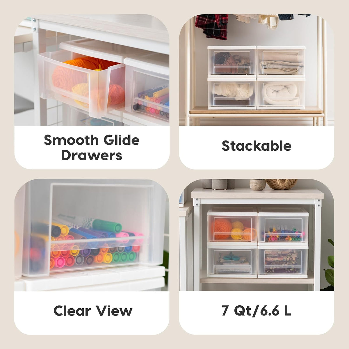 IRIS USA 7 Qt. Plastic Drawer Storage Organizer Stacking Drawers, 4-Pack, Stackable Unit with