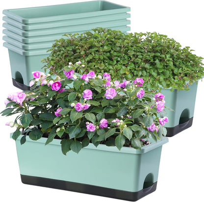 Window Box Planter 8 Pcs, 17 Inches Rectangle Flower Pots with Drainage Holes and Trays, Vegetable