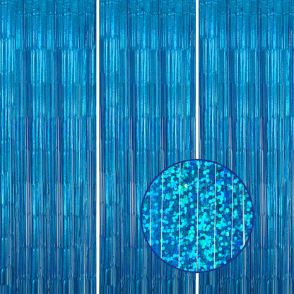 3 Pack Foil Fringe Backdrop - Laser Blue Shiny Tinsel Curtains for Party Decoration/Photo Booth