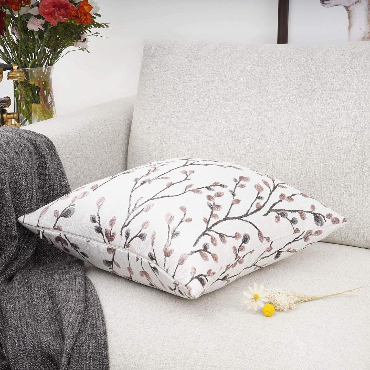 YOUR SMILE Classical Embroidery Jacquard Pink Leaf Pattern Square Decorative Throw Pillow Case