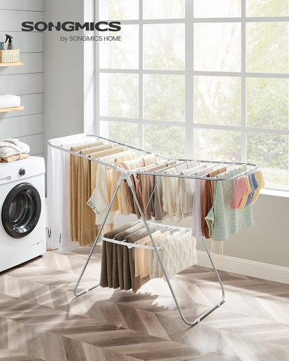 SONGMICS Clothes Drying Rack, with Sock Clips, Metal Laundry Rack, Foldable, Space-Saving