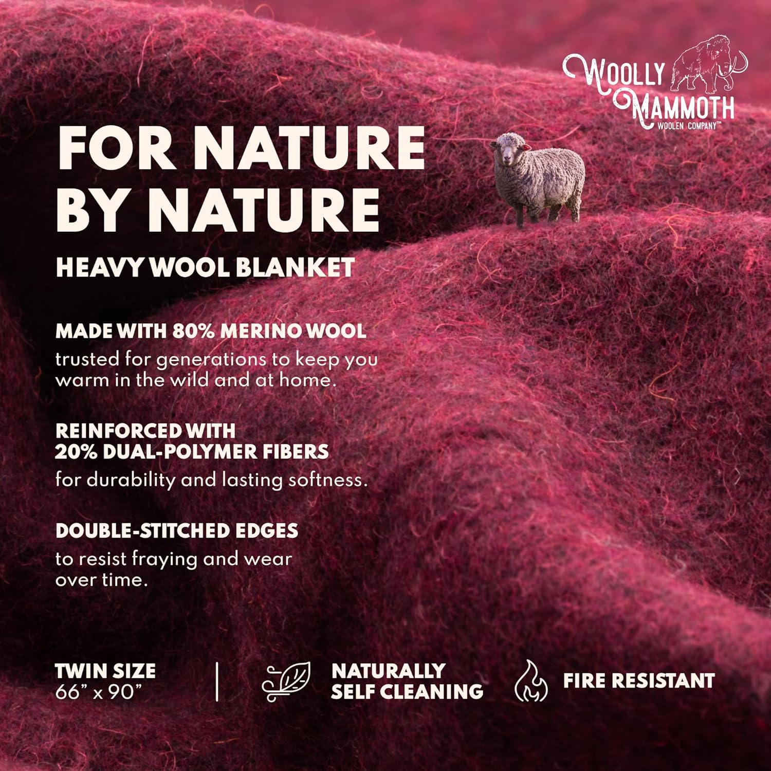 Woolly Mammoth Woolen Company Outdoor Merino Wool Throw Blanket - 66" x 90" Large Burgundy