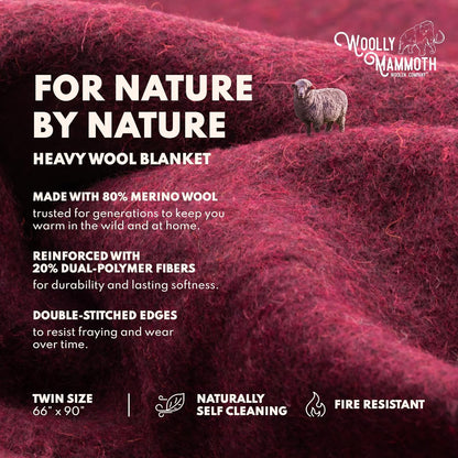 Woolly Mammoth Woolen Company Outdoor Merino Wool Throw Blanket - 66" x 90" Large Burgundy