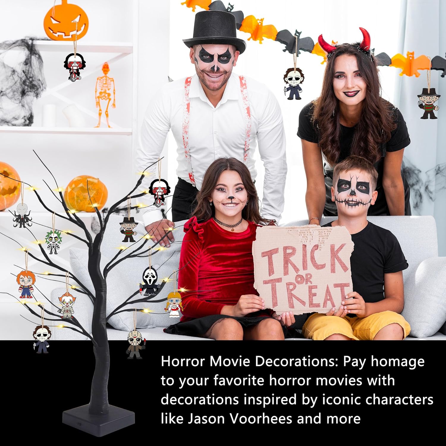 Black Halloween Tree with LED Lights and Spooky Wooden Hanging Ornaments Horror Movie Ornaments