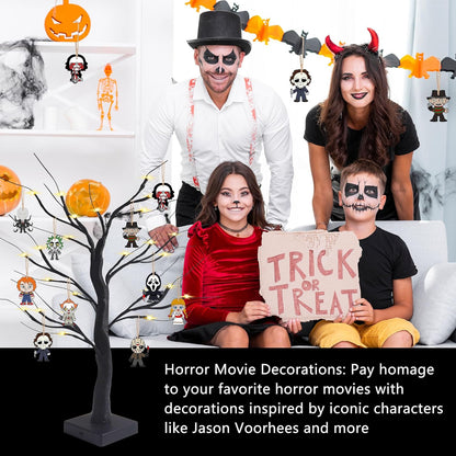 Black Halloween Tree with LED Lights and Spooky Wooden Hanging Ornaments Horror Movie Ornaments