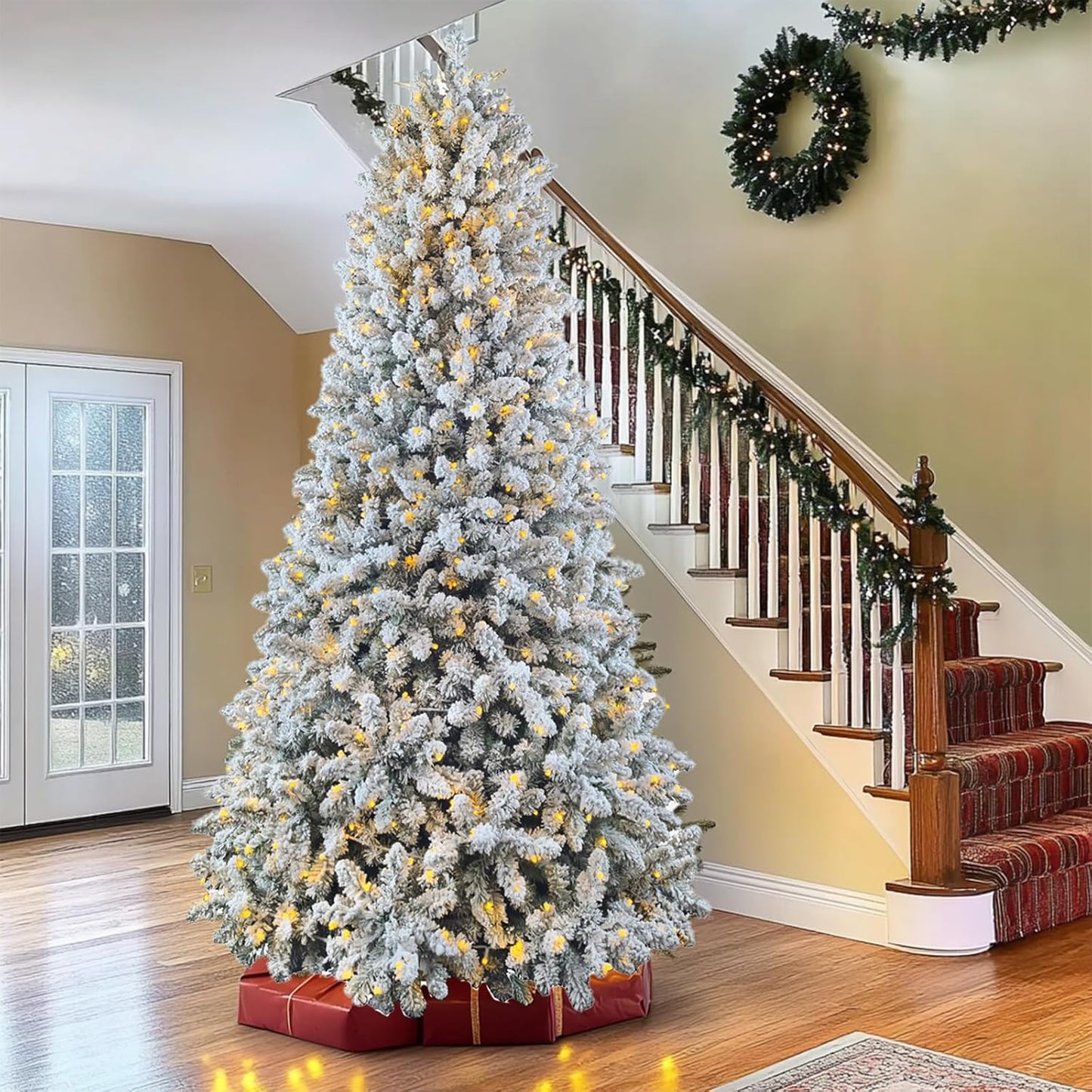 7.5ft Pre-lit Artificial Snow Flocked Christmas Tree with Quick Power Connect, 798 Warm White &