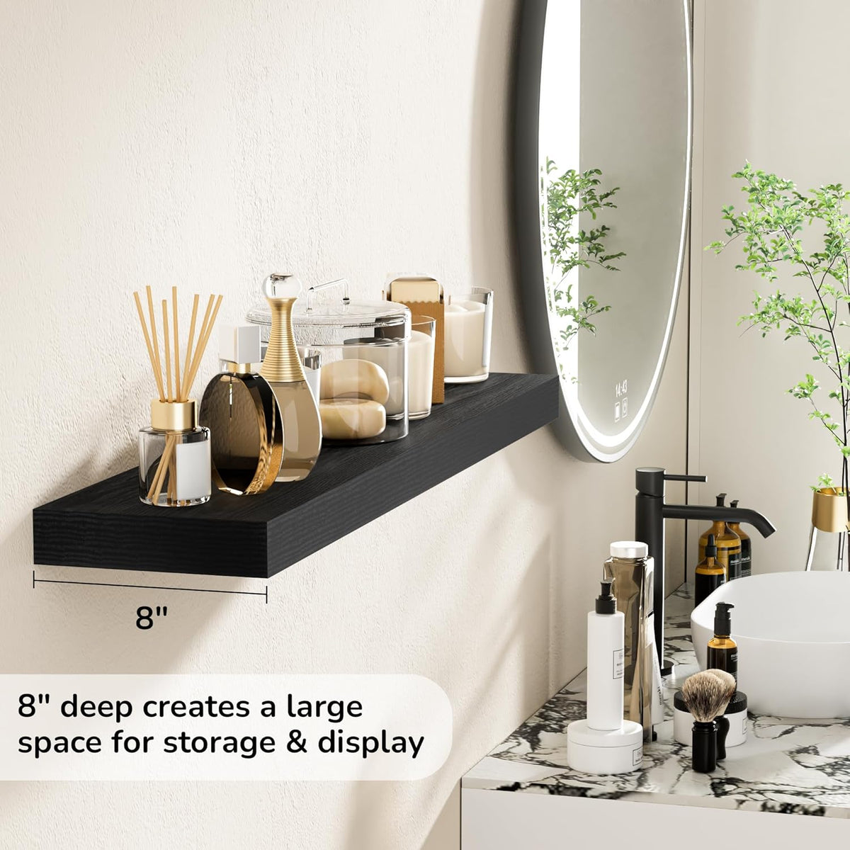 Fun Memories 36 Inch Floating Shelves - Deep Rustic Black Wooden Wall Shelves - Extra Deeper &