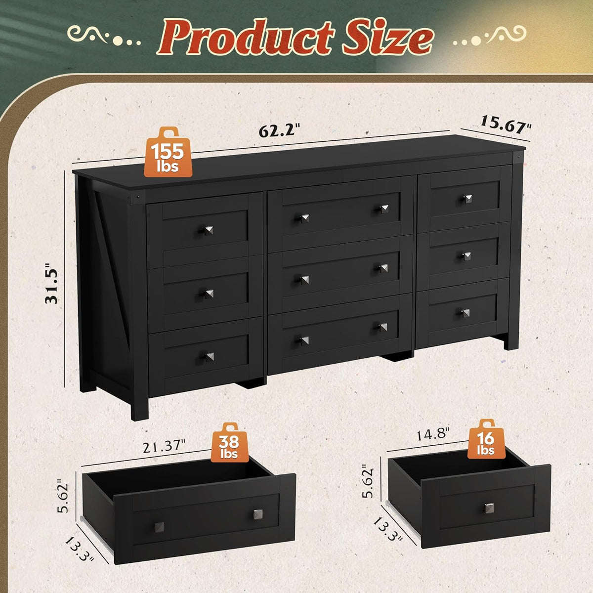 WLIVE Farmhouse Dresser for Bedroom, 63" Wide 9 Drawer Dresser Storage Organizer, Wood Chest of