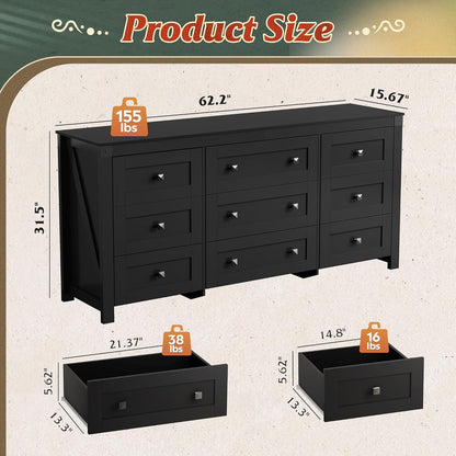 WLIVE Farmhouse Dresser for Bedroom, 63" Wide 9 Drawer Dresser Storage Organizer, Wood Chest of