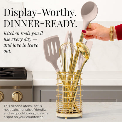 Styled Settings 23-Piece Beige and Gold Utensils Set – Silicone Nonstick Cooking Tools with Garlic