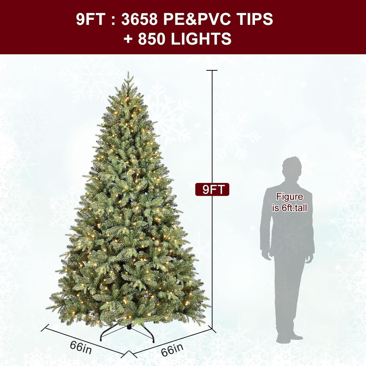 9FT Pre-Lit Artificial Christmas Tree with 3658 PE&PVC Mixed Branch Tips, 850 Warm White Lights