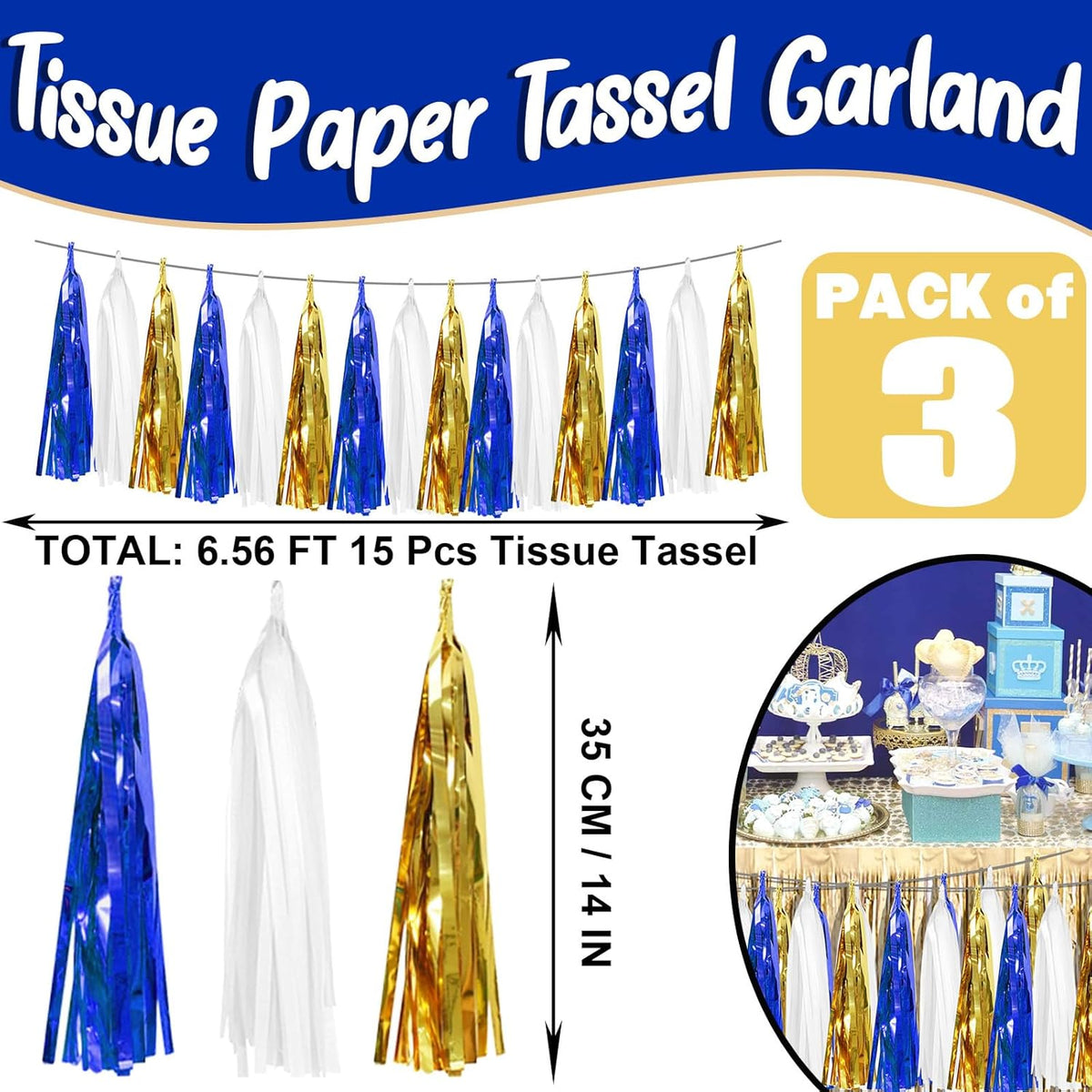 3P Navy-Blue White-Gold Foil Fringe Metallic Tassel-Garland, Tassels Banner Streamers for Parade