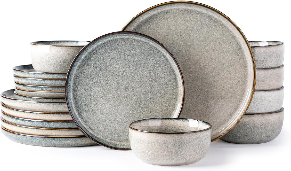 GBHOME Ceramic Dinnerware Sets for 6, 18 Pieces Stoneware Plates and Bowls Sets, Reactive Glaze