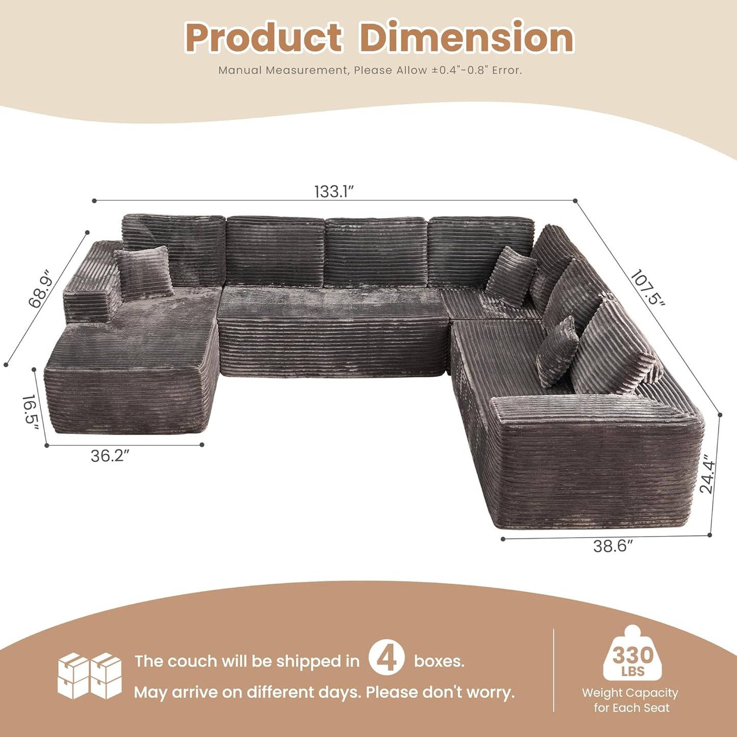 HOOOWOOO Cloud Sectional Couches for Living Room,Modular Sectional Sofa No Assembly,133X108 Inch