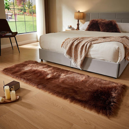 AMTOVO Faux Fur Rug, Coffee Ultra Soft Fluffy Shag Sheepskin Rug, 2 x 6 ft Runner Area Rugs for
