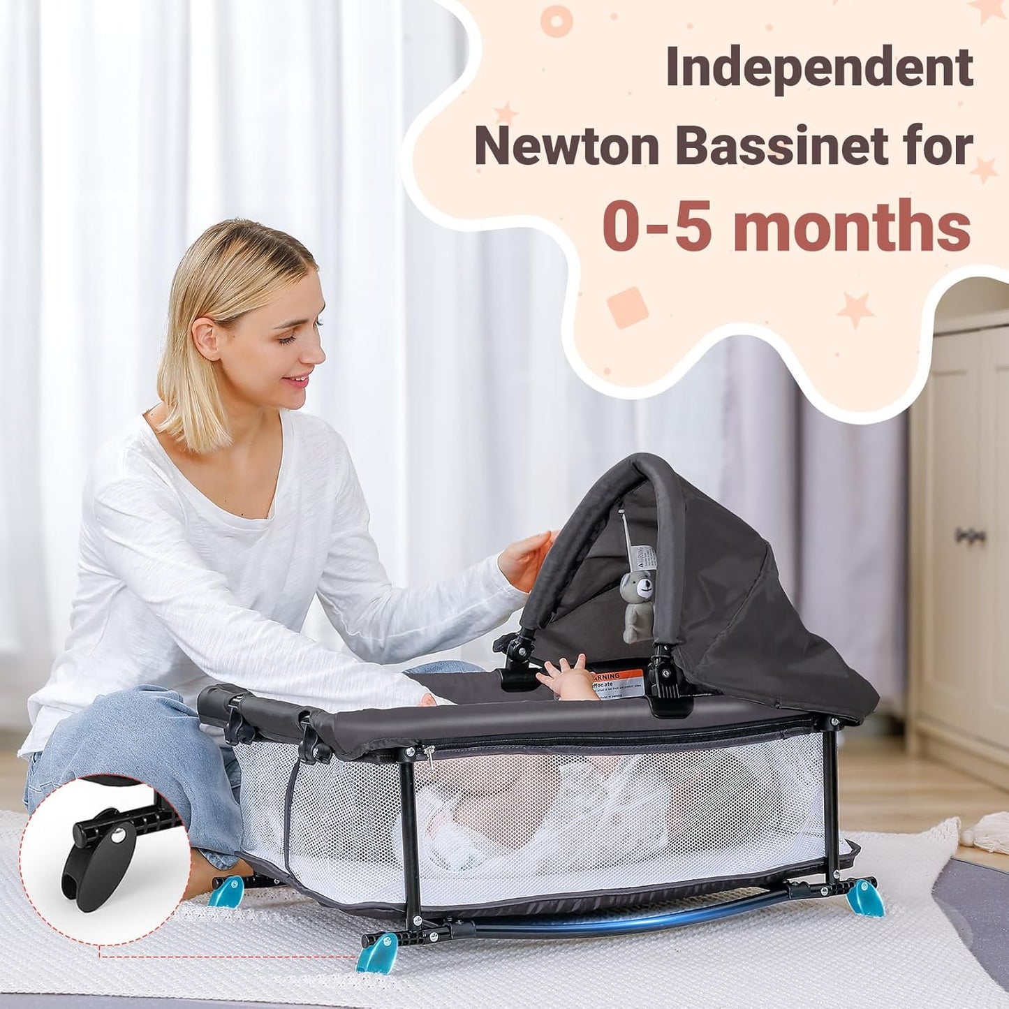 ELEMARA 5 in 1 Pack and Play, Adjustable Baby Bedside Bassinet Sleeper,1-Second Setup Foldable