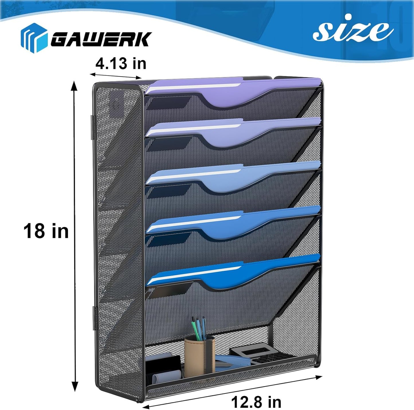 6 Tier Hanging File Organizer, Mesh Wall File Holder Paper Folder Rack with Bottom Flat Tray for