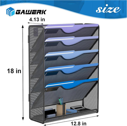 6 Tier Hanging File Organizer, Mesh Wall File Holder Paper Folder Rack with Bottom Flat Tray for