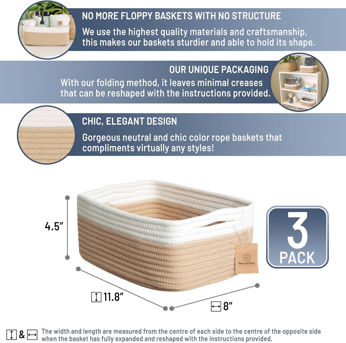 NaturalCozy 11.8"x8"x4.5” Storage Baskets for Shelves 3 Pack | Cotton Rope Woven Small Baskets for