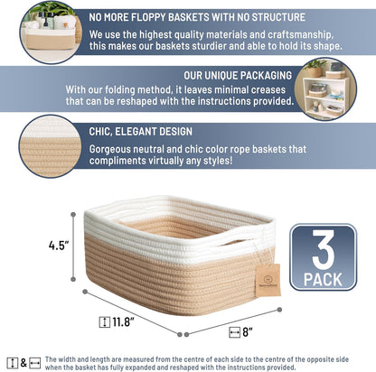 NaturalCozy 11.8"x8"x4.5” Storage Baskets for Shelves 3 Pack | Cotton Rope Woven Small Baskets for