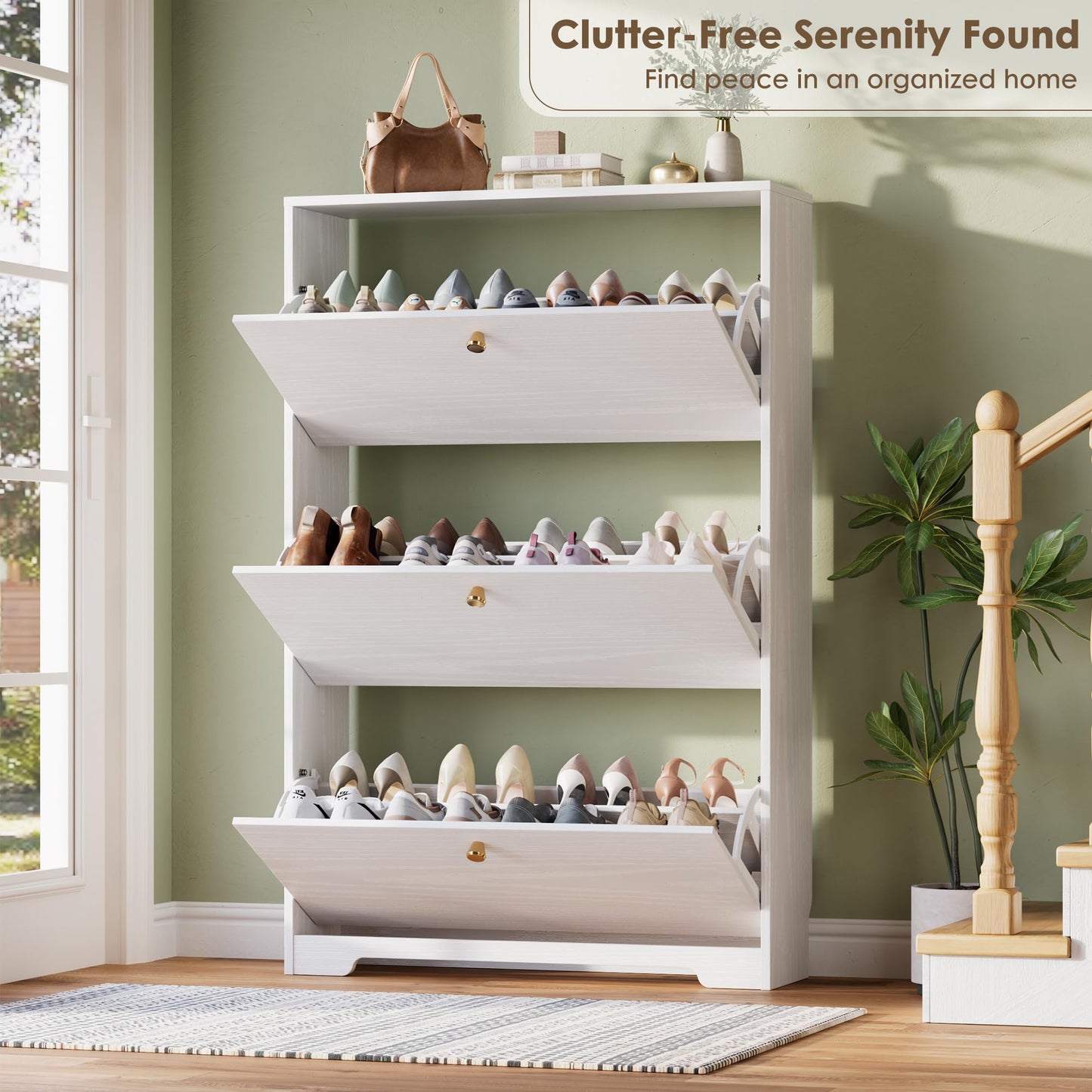 Nicetree Shoe Cabinet with 3 Flip Drawers, Narrow Shoe Organizer Cabinet, Freestanding Shoe Rack