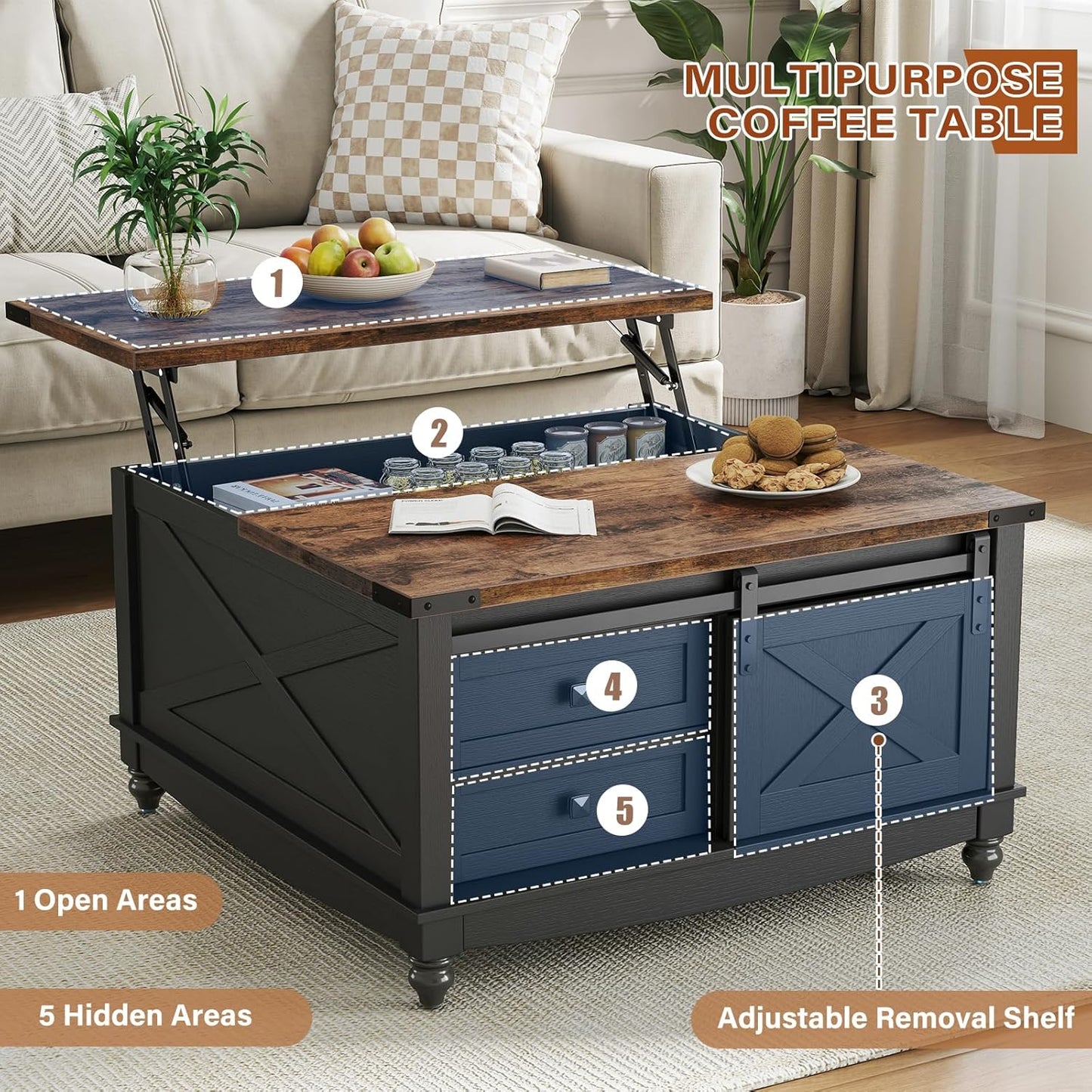 31.5" Lift Top Coffee Table with Storage, Farmhouse Coffee Tables for Living Room, Square Coffee