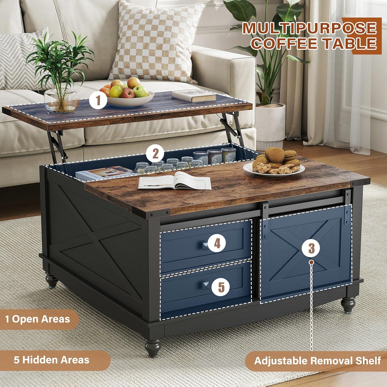 31.5" Lift Top Coffee Table with Storage, Farmhouse Coffee Tables for Living Room, Square Coffee