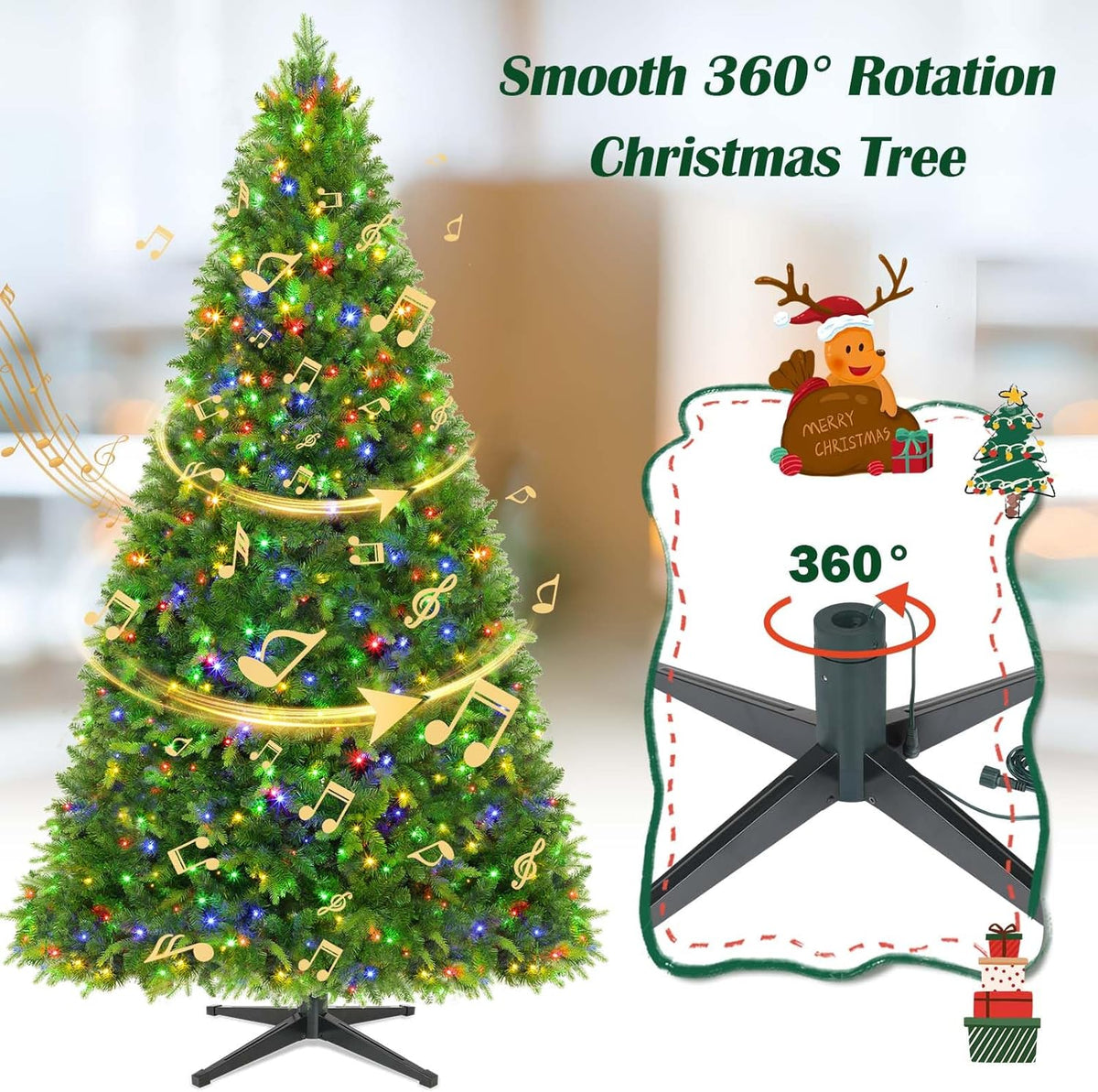 9FT Pre-Lit Christmas Tree with Remote Control, Multi-Color LED Lights, Musical Rotating Christmas