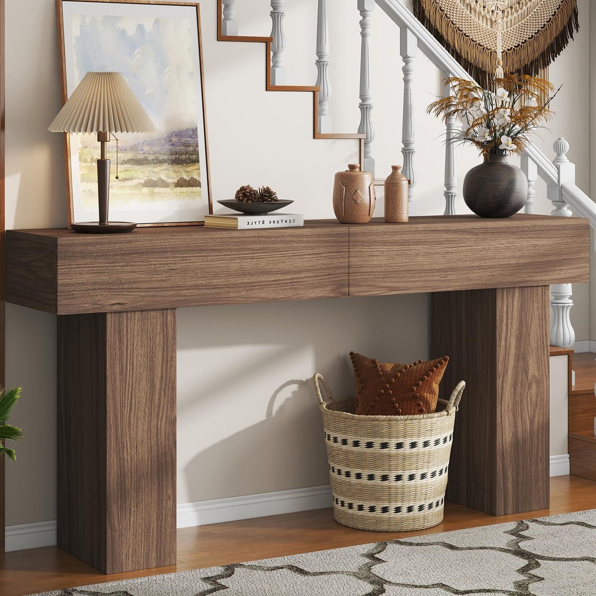 63 Inch Long Console Table for Entryway, Farmhouse Wood Rectangular Sofa Table Behind Couch Table
