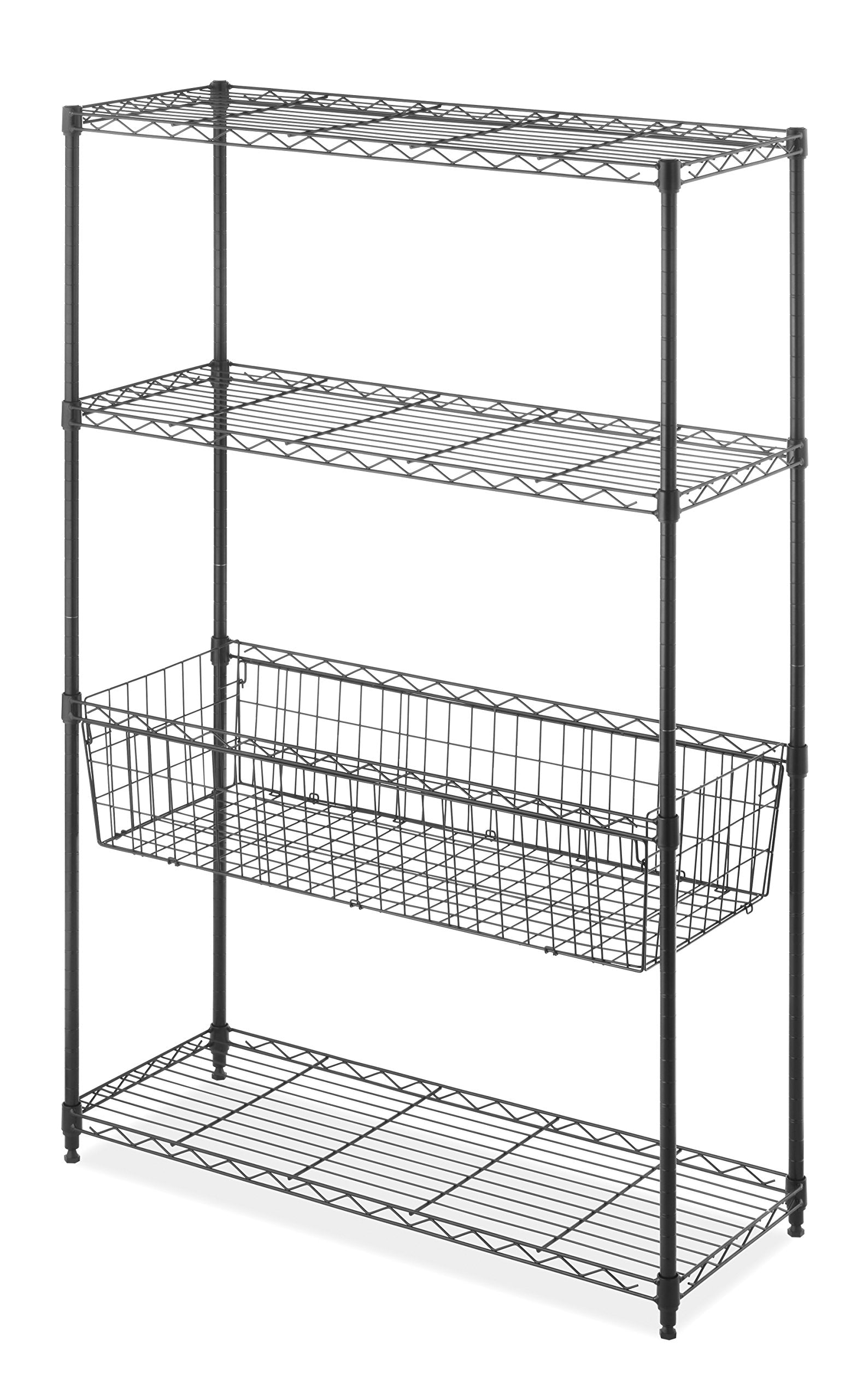 Whitmor 4-Wire Shelving Unit, Metal Storage Shelves with Basket, Easy Assembly Home Organizer for