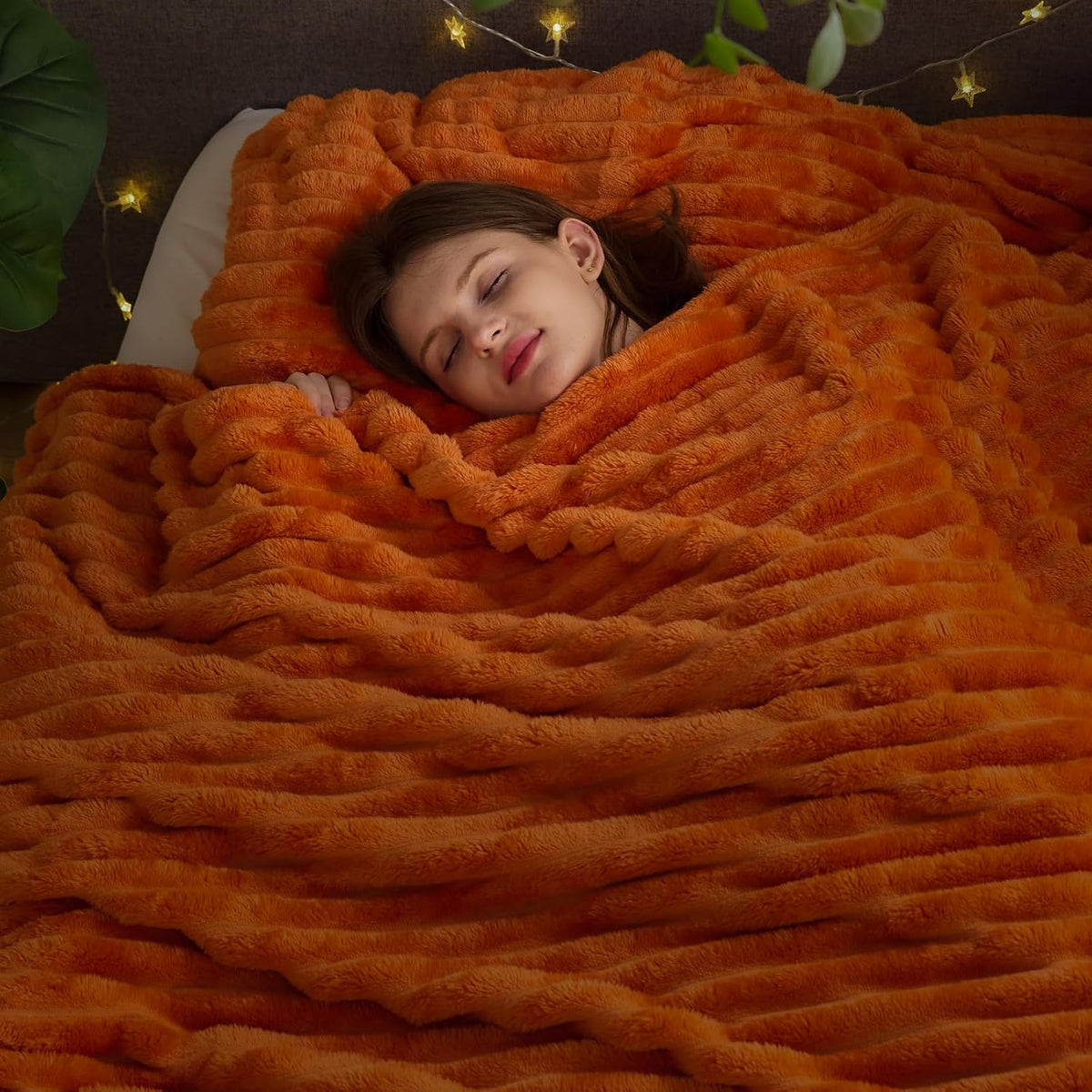 NEWCOSPLAY Super Soft Fall Queen Blanket Orange Premium Silky Flannel Fleece 3D Ribbed Jacquard