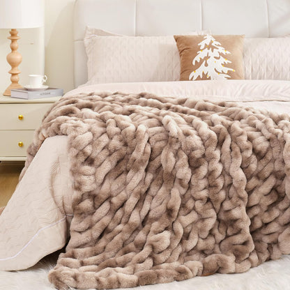 Touchat Ruched Faux Rabbit Fur Throw Blanket, 700 GSM Luxury Dual-Sided Soft Cozy Blanket, Fuzzy