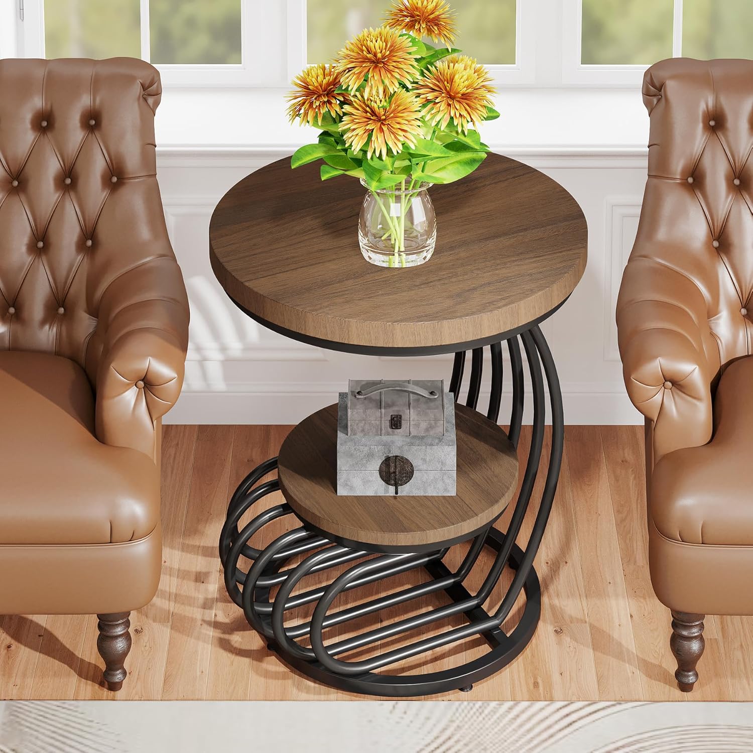 Tribesigns Round End Side Table: 2 Tiers Side Table Set of 2, Vintage End Table for Living Room