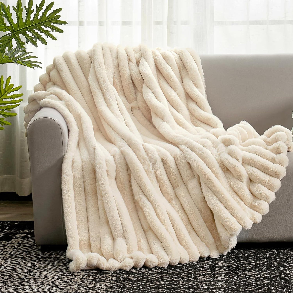 Cozy Bliss Faux Fur Throw Blanket for Couch, Cozy Warm Plush Striped Blanket for Sofa Bedroom