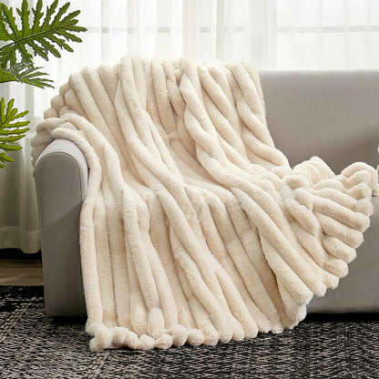 Cozy Bliss Faux Fur Throw Blanket for Couch, Cozy Warm Plush Striped Blanket for Sofa Bedroom